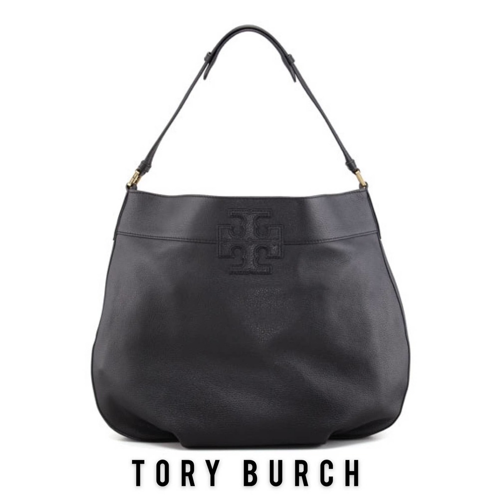 Tory Burch Stacked T Black Pebbled Leather Hobo Bag